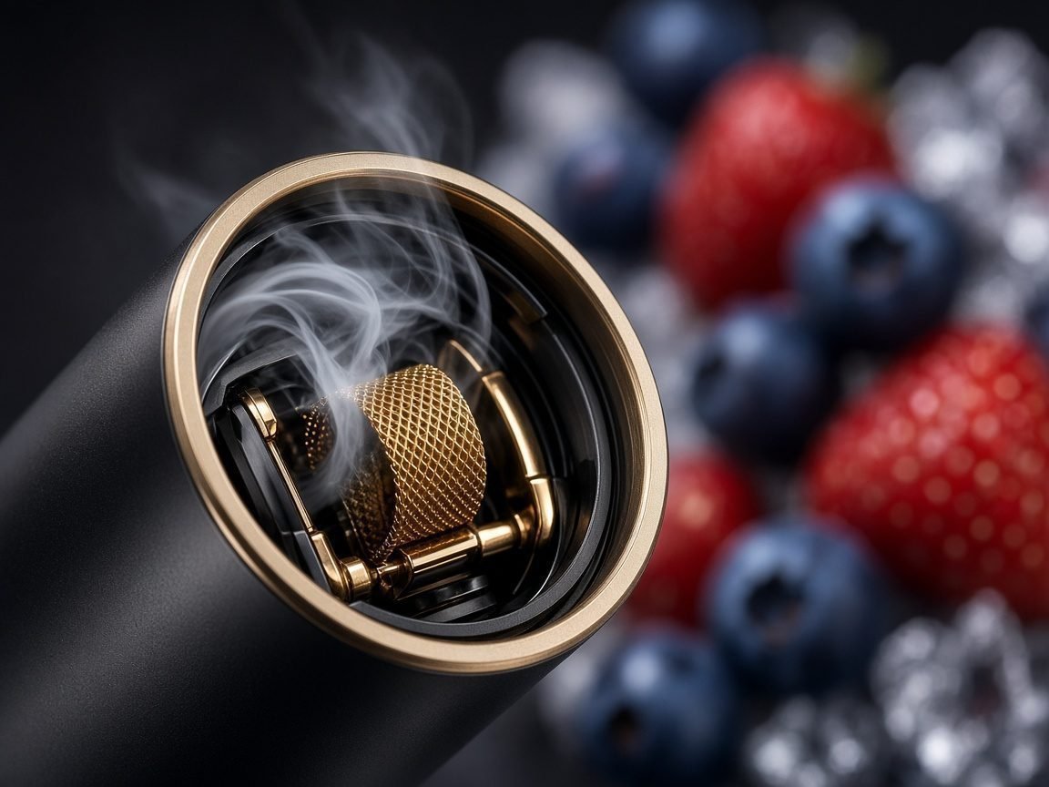 Macro mesh coil vapor and fruit-ice sensory close-up